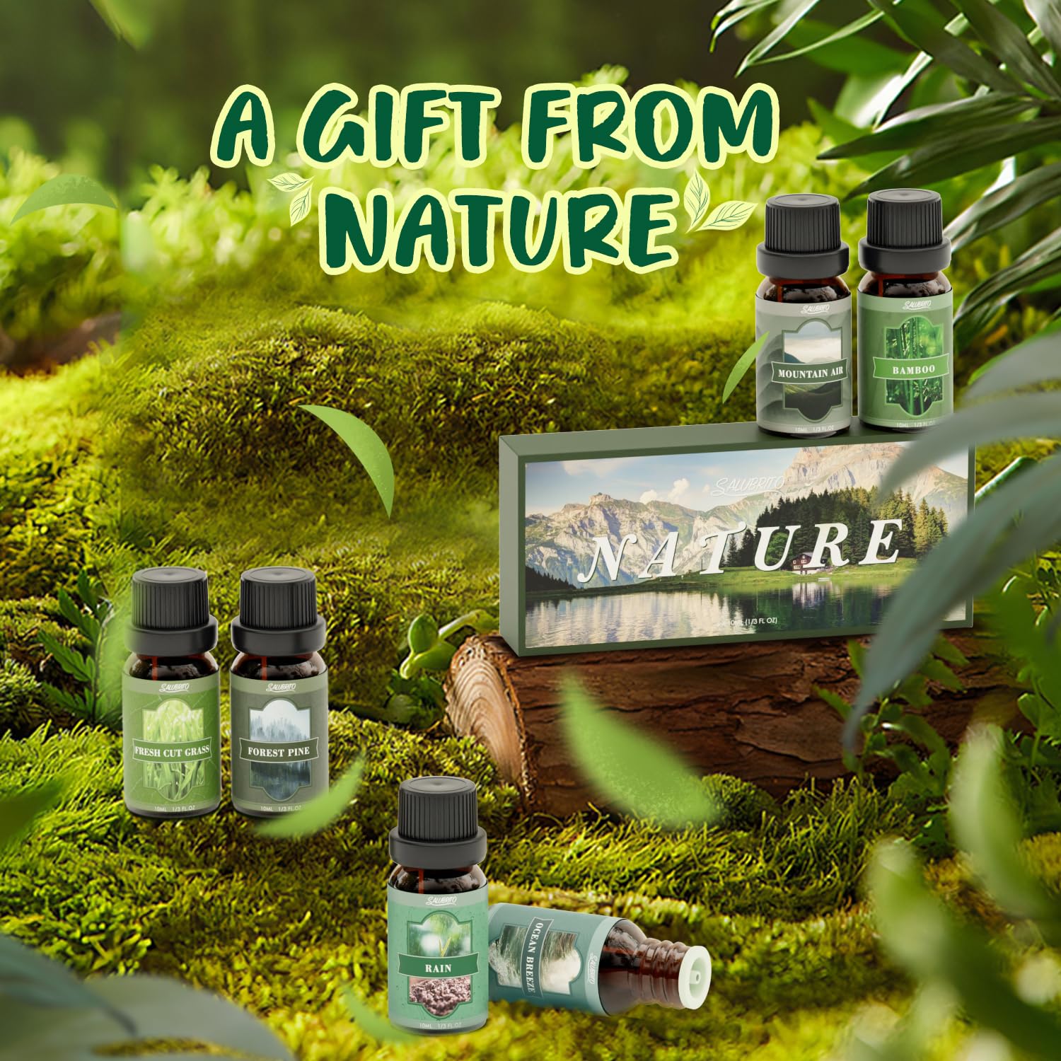 SALUBRITO Nature Fragrance Oils Set, Essential Oils Set - Forest Pine, Ocean Breeze, Rain, Fresh Cut Grass, Mountain Air, Bamboo, Premium Scented Oil for Diffuser, Candle, Soap Making