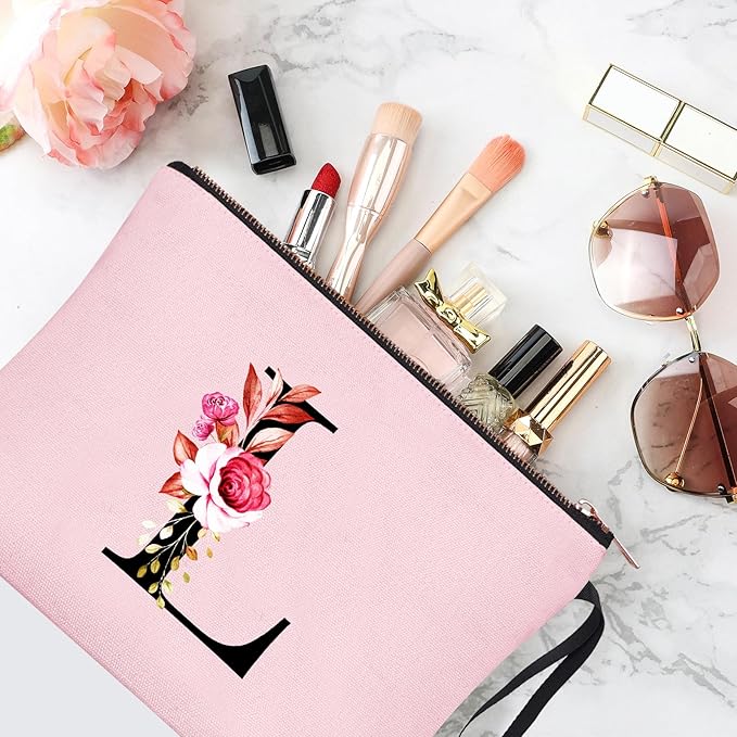 Vavabox A-Z Personalized Makeup Bag, Birthday Gifts for Women Mom, Gifts for Best Friend, Bride Bridesmaid Cosmetic bag (L, 06-Pink)