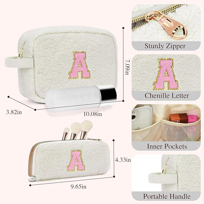 for Christmas Day Gifts, Travel Makeup Bag for Women, Initial Make Up Bag Set for 6 7 8 9 10 11 12 13 Years Old Kids Tween Girls, Large Cosmetic Skincare Bags for Birthday Gifts, White K
