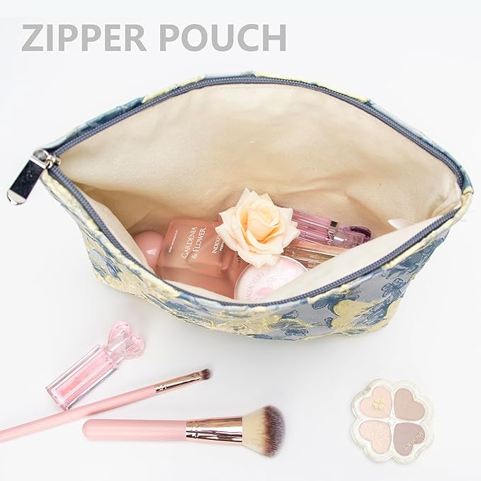 Flat Makeup Bag for Women,Zipper Cosmetic Pouch for Purse,Brocade Blue