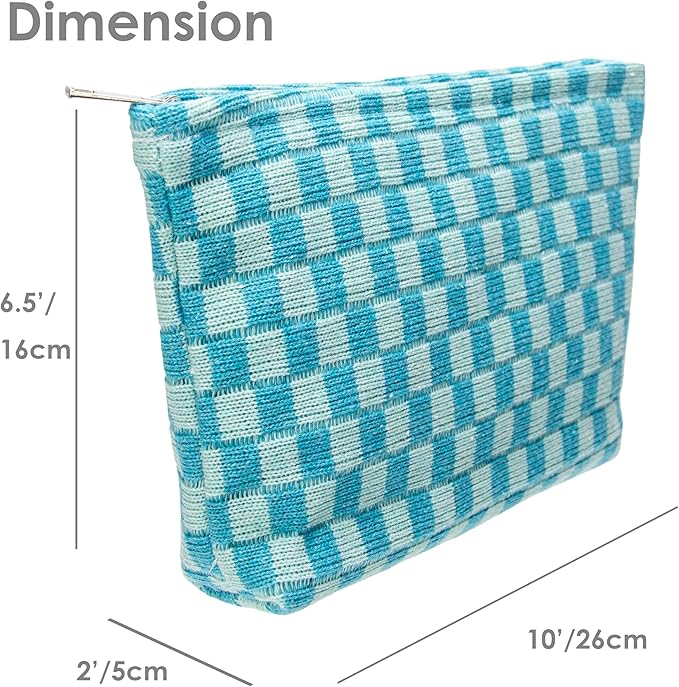 Checkered Makeup Bag for Purse, Small Flat Cosmetic Pouch,Lake Blue