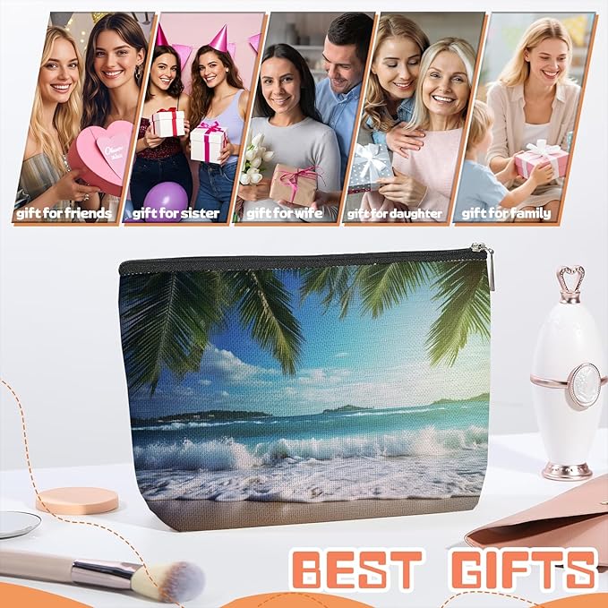 Scribesense Makeup Bag Travel Cosmetic Bags Small Makeup Case Waterproof Zipper Pouch for Women Girls 7X9inches - Tropical Beach Scenery with Palm Trees