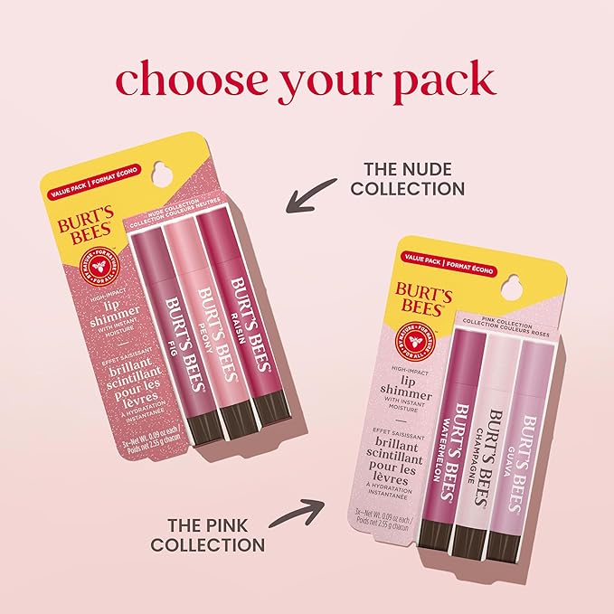 Burt's Bees Lip Shimmer Nude Collection, Tinted Lip Balm Stick, Moisturizing for All Day Hydration with Natural Glowy Pigmented Finish & Buildable Color, 3 Warm Shades, Value Pack, 0.09 oz., Three Tubes