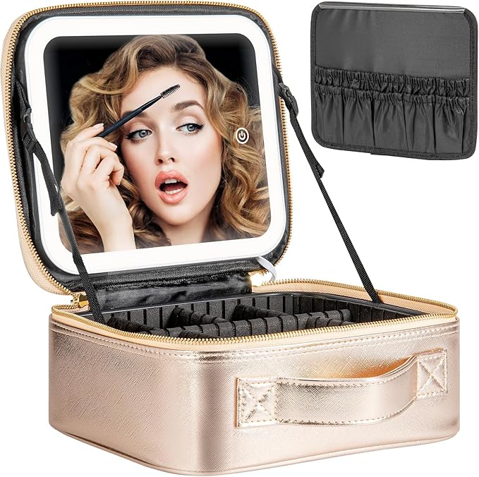 Extrei Gent Makeup Travel Train Case with Mirror LED Light 3 Adjustable Brightness Large Cosmetic Bag Portable Storage Adjustable Partition Waterproof Make up Brushes Makeup Jewelry Gift for Women