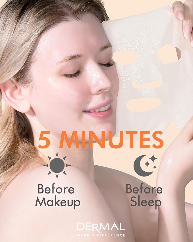 DERMAL Apricot Collagen Korean Essence Sheet Mask, Radiance, 23g, 10 Pack