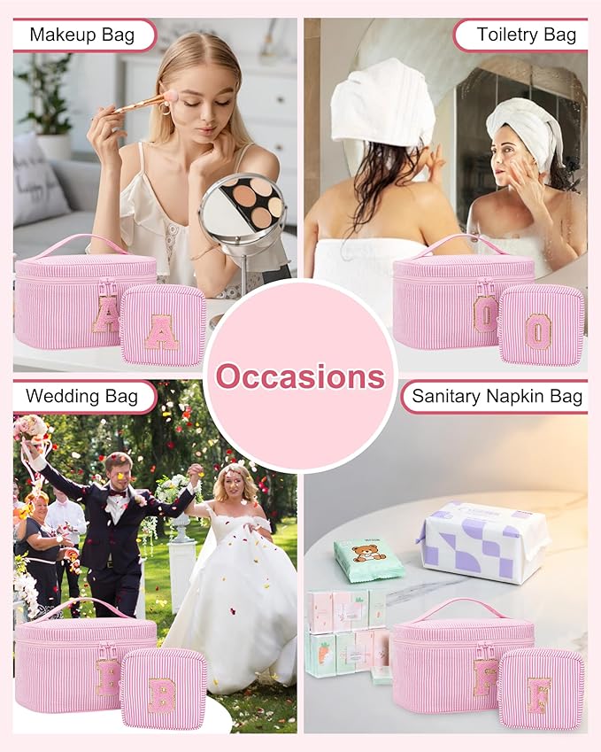 MONSTINA Initial Makeup Bag with Brush Holder and Divider,Birthday Gifts for 4 5 6 7 8 9 10 11 12 Year Old Girls, Personalized Preppy Cosmetic Bag |Cute Toiletry Bag,2PCS,Pink J