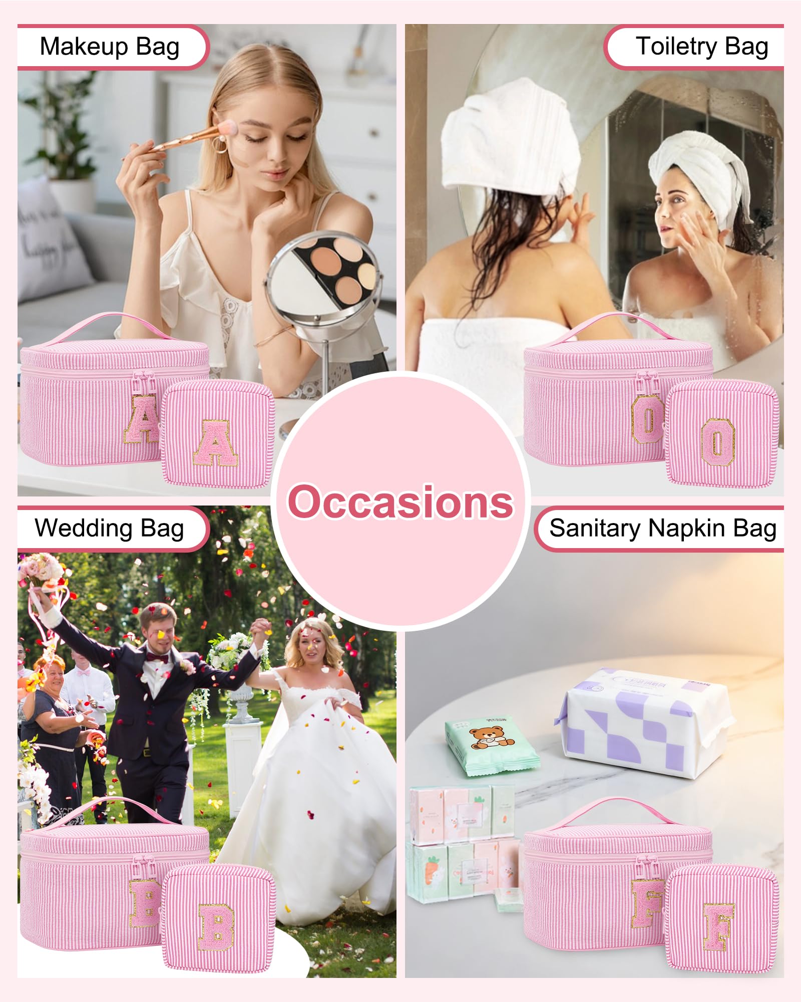 MONSTINA Personalized Initial Makeup Bag Set for Girls&Women,Personalized Make Up Case for Girlfriend Graduation Teacher Gifts,Cute Toiletry Bag Preppy Chenille Letter Patch,2PCS,Pink V