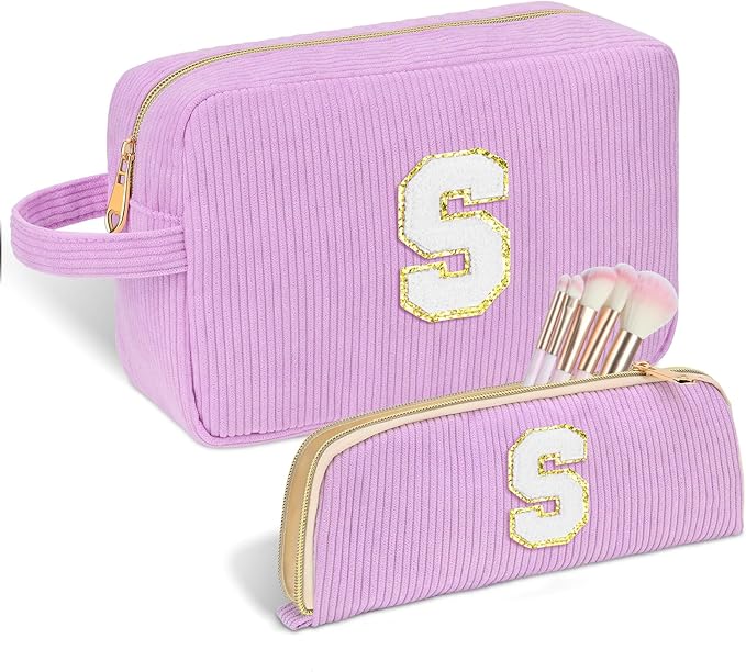 Sernaxi Personalized Initial Makeup Bag Trendy Stuff Corduroy Cosmetic Bag Travel Toiletry Bag, Valentine’s Day Gift Makeup Organizer Case & Makeup Pouch for Women teen Girls Mom Girlfriend Wife