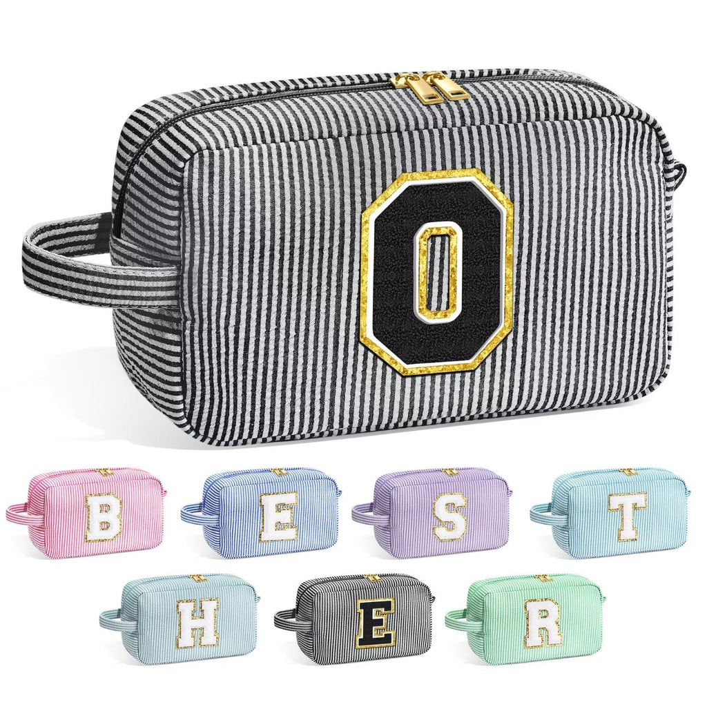 YOOLIFE Initial Makeup Bag for Women - Monogram Cute Makeup Bag Cosmetic Case Toiletry Pouch for Women Her Best Friend Sister Teacher, Personalized Birthday Gifts for Women, Black O