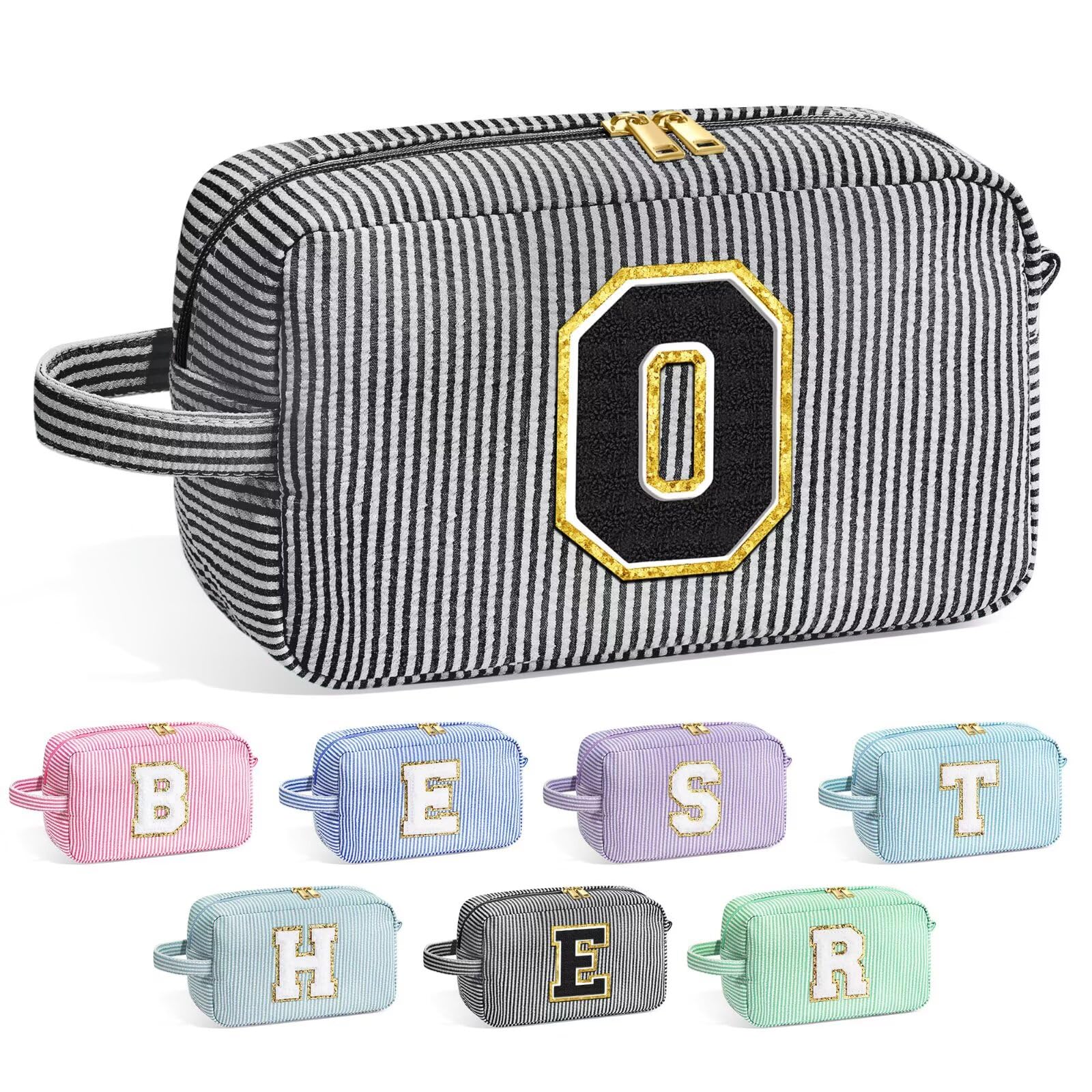 YOOLIFE Initial Makeup Bag for Women - Monogram Cute Makeup Bag Cosmetic Case Toiletry Pouch for Women Her Best Friend Sister Teacher, Personalized Birthday Gifts for Women, Black O