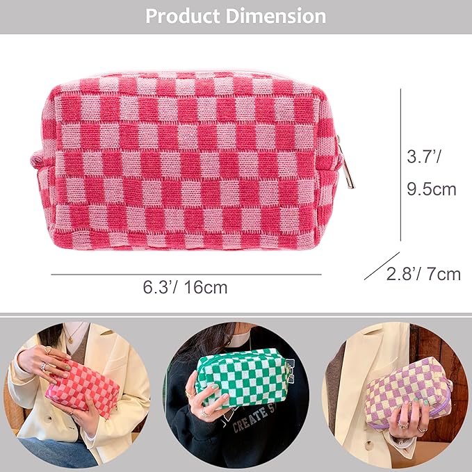 Checkered Makeup Bag for Purse, Small Travel Cosmetic Pouch,Hotpink,2 Pack