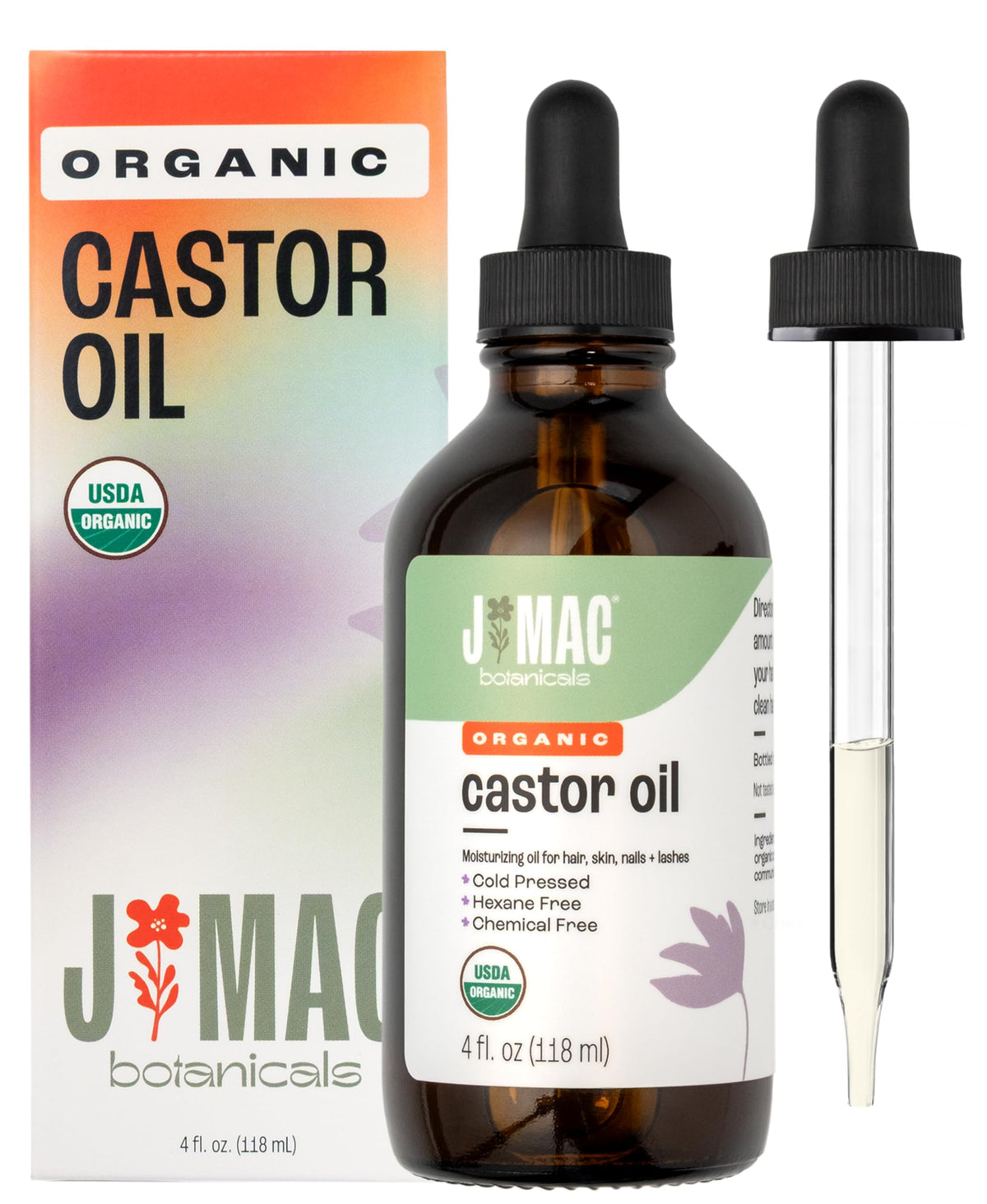 J MAC BOTANICALS Organic Castor Oil Cold Pressed in Amber Glass Bottle (4 oz with Dropper) USDA Certified, Hexane Free - Moisturizing Oil for Hair, Skin, Face, Eyelashes, Brows, & Nails