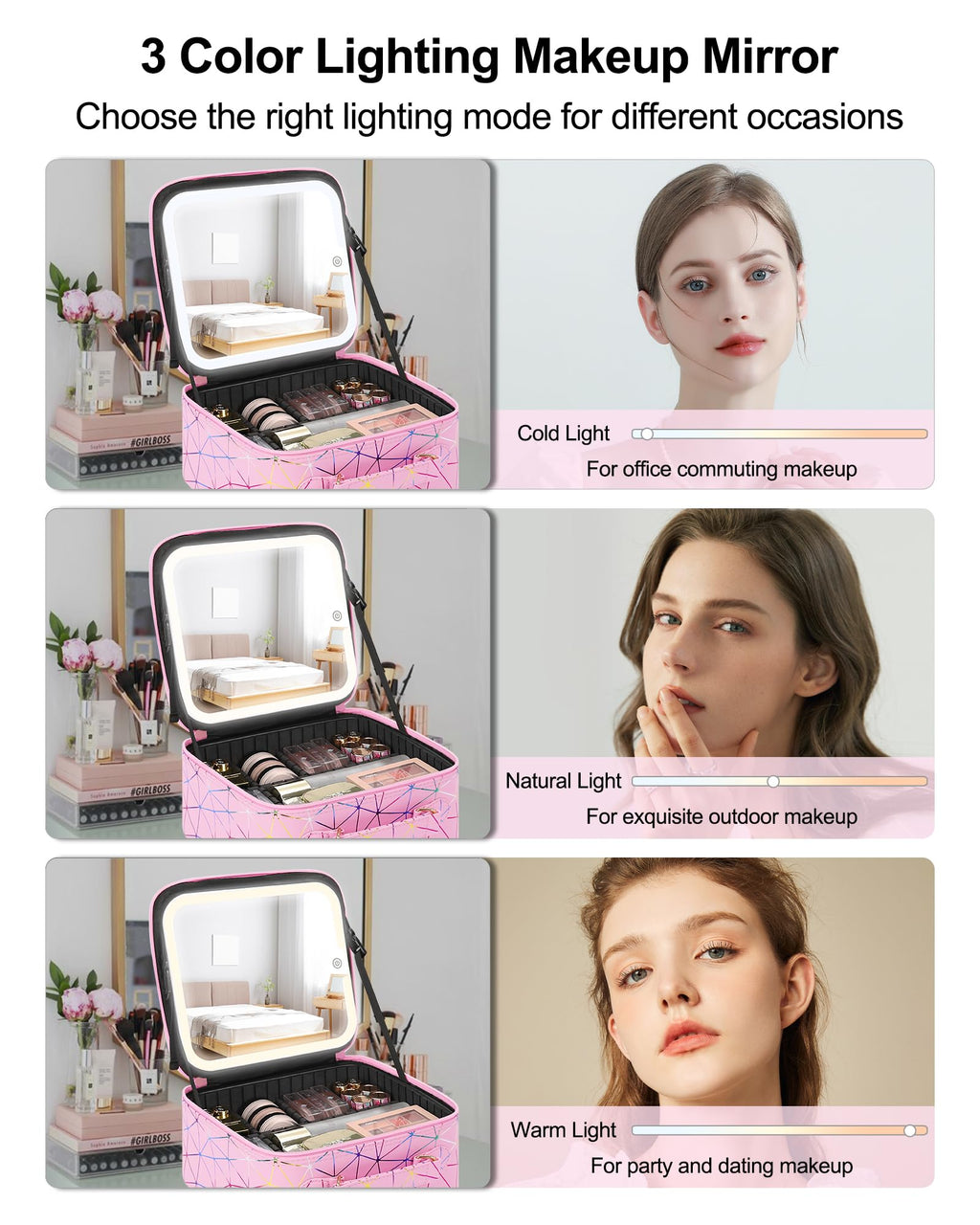 Relavel Travel Makeup Bag with LED Mirror, Portable Cosmetic Train Case with 3 Color Lighted Brightness Mirror, Makeup Artist Organizer Storage with Adjustable Dividers Make Up Box - Pink Geometric