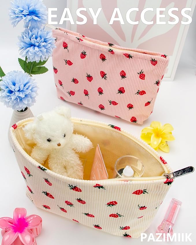 Flat Makeup Bag for Women,Zipper Cosmetic Pouch for Purse,Strawberry Beige