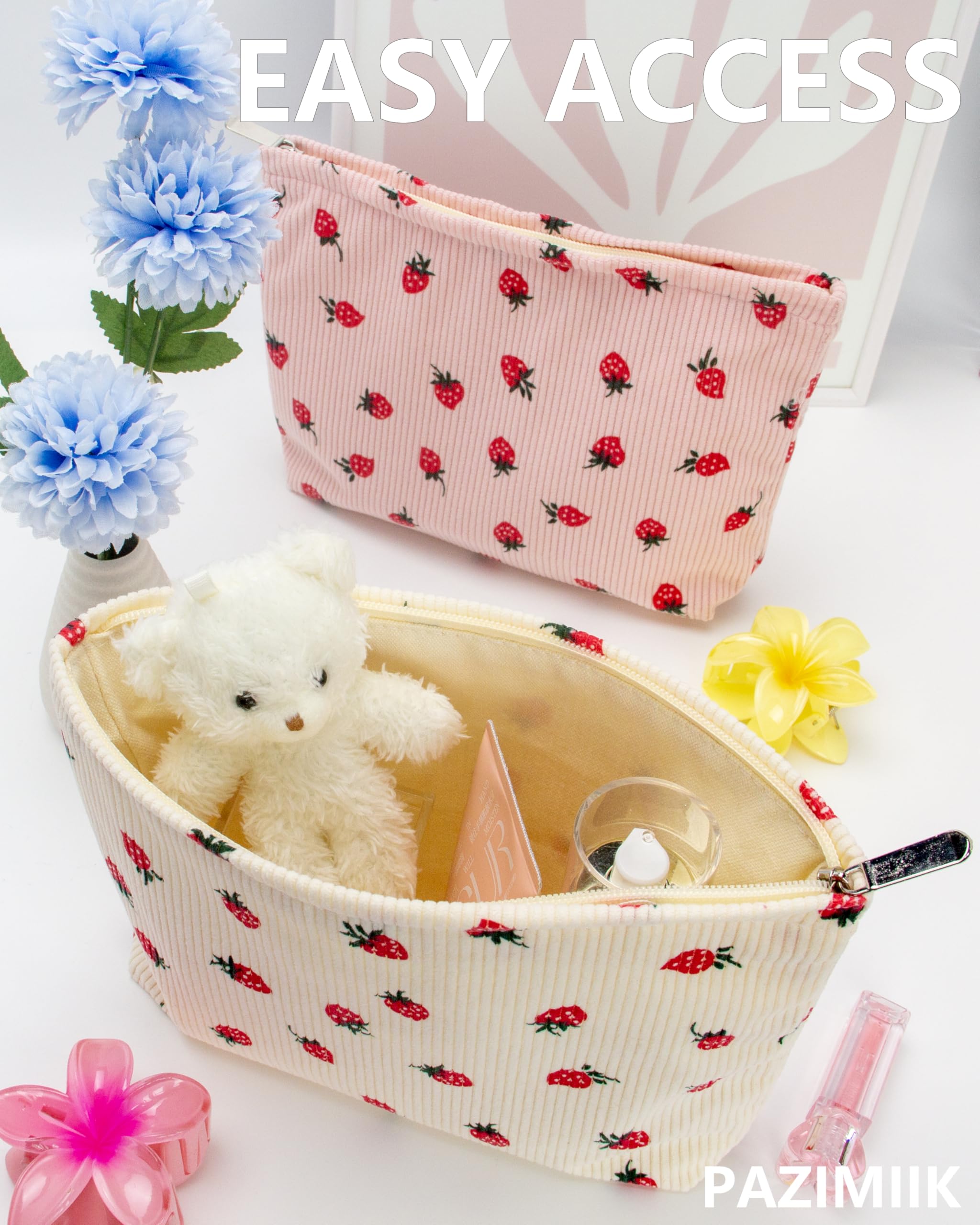 Flat Makeup Bag for Women,Zipper Cosmetic Pouch for Purse,Strawberry Beige