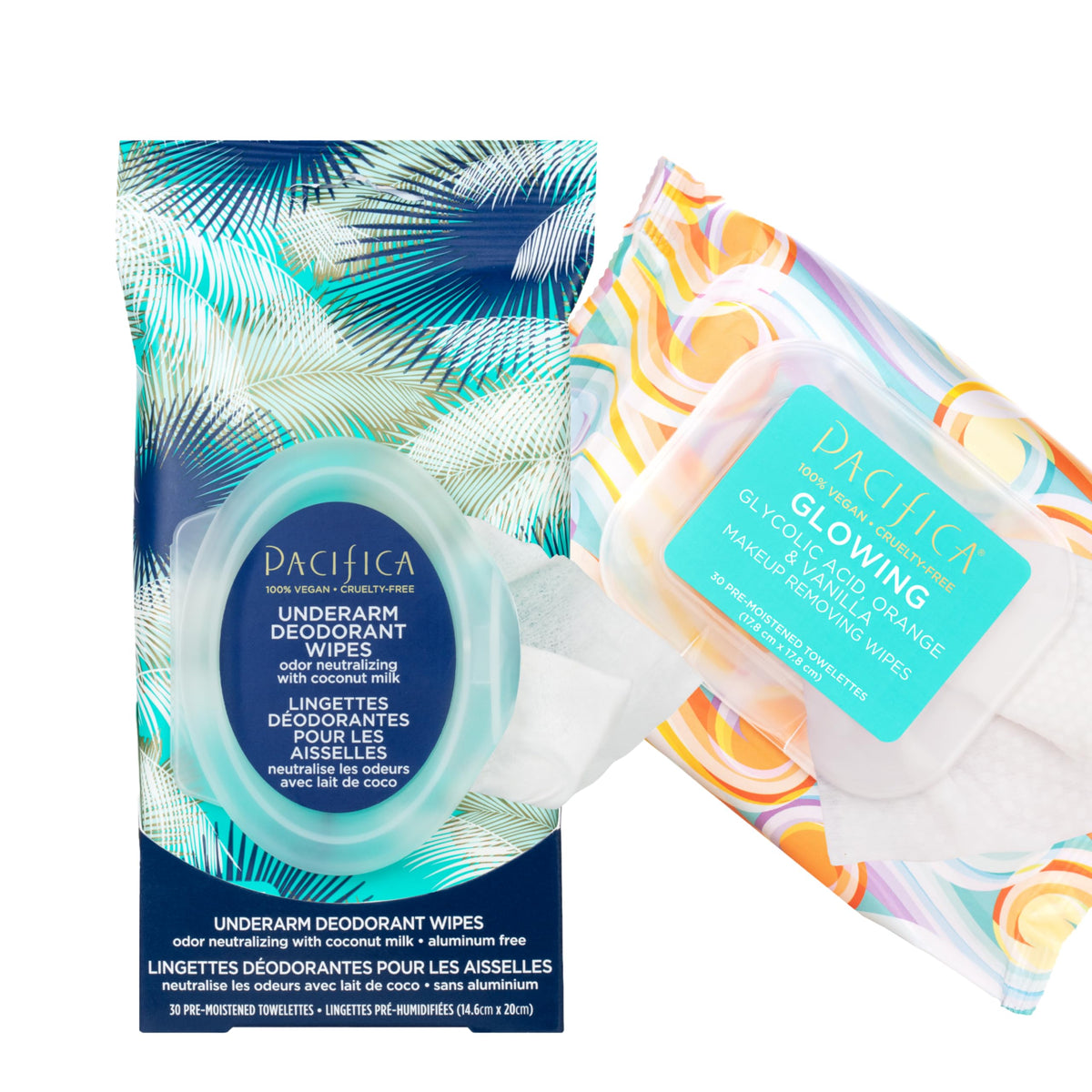 Pacifica Underarm Deodorant Wipes & Makeup Remover Face Wipes Bundle – Aluminum-Free Odor Control & Facial Cleansing Towelettes, 2-Pack (30ct Each, 60 Total) – Vegan, Cruelty-Free Travel Essentials