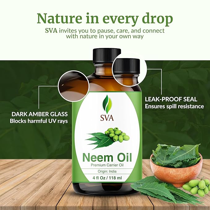 SVA Neem Seed Oil 4 Fl Oz - for Face, Skin Care, Hair Care, Scalp Massage & Body Massage – Carrier Oil with Dropper