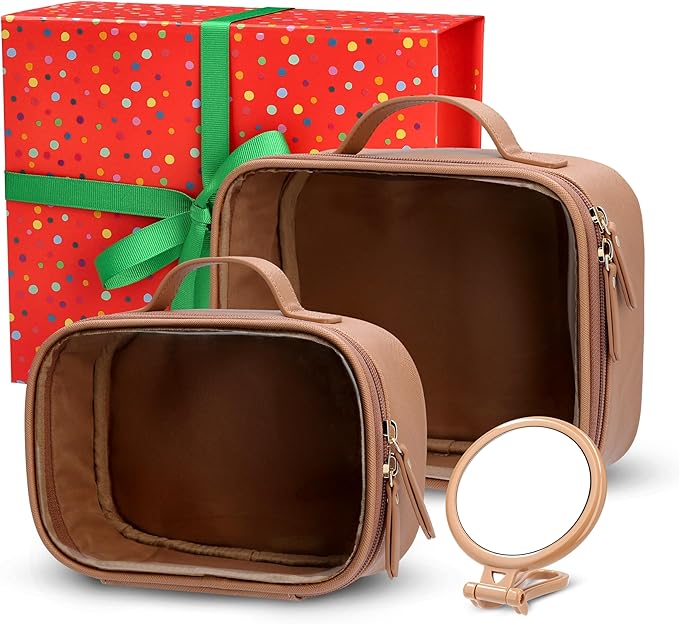 Clear Makeup Bag Set, Travel Cosmetic Bags with Transparent TPU Front, 3PCS (Large & Small Pouches + Compact Mirror), Saffiano PU Leather Toiletry Organizer for Women, Nude