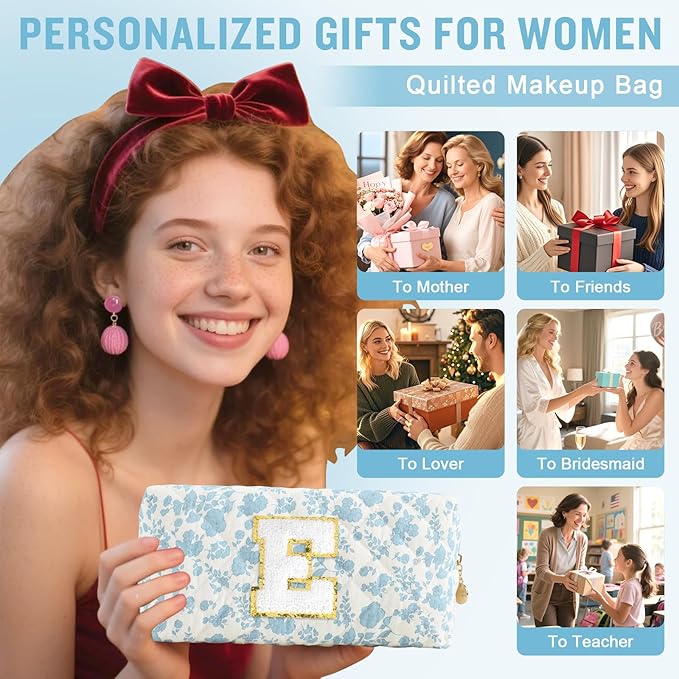 Personalized Quilted Cosmetic Bag, Puffy Monogrammed Christmas Birthday Gifts for Women & Girls, Cute initial Floral Makeup Bag Puffer Coquette Bag, Aesthetic Travel Toiletry Zipper Pouch(Blue,E)