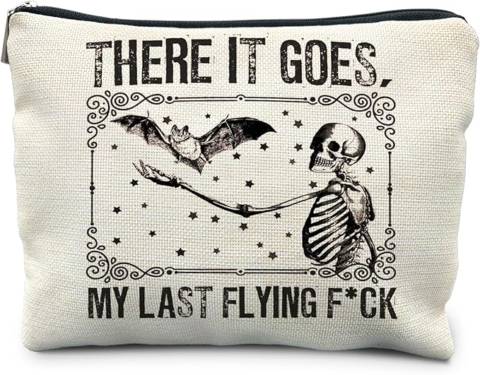 RYYCDOI Halloween Makeup Bag, Goth Skeleton & Bat Design, White, Waterproof Linen Cosmetic Bag for Women