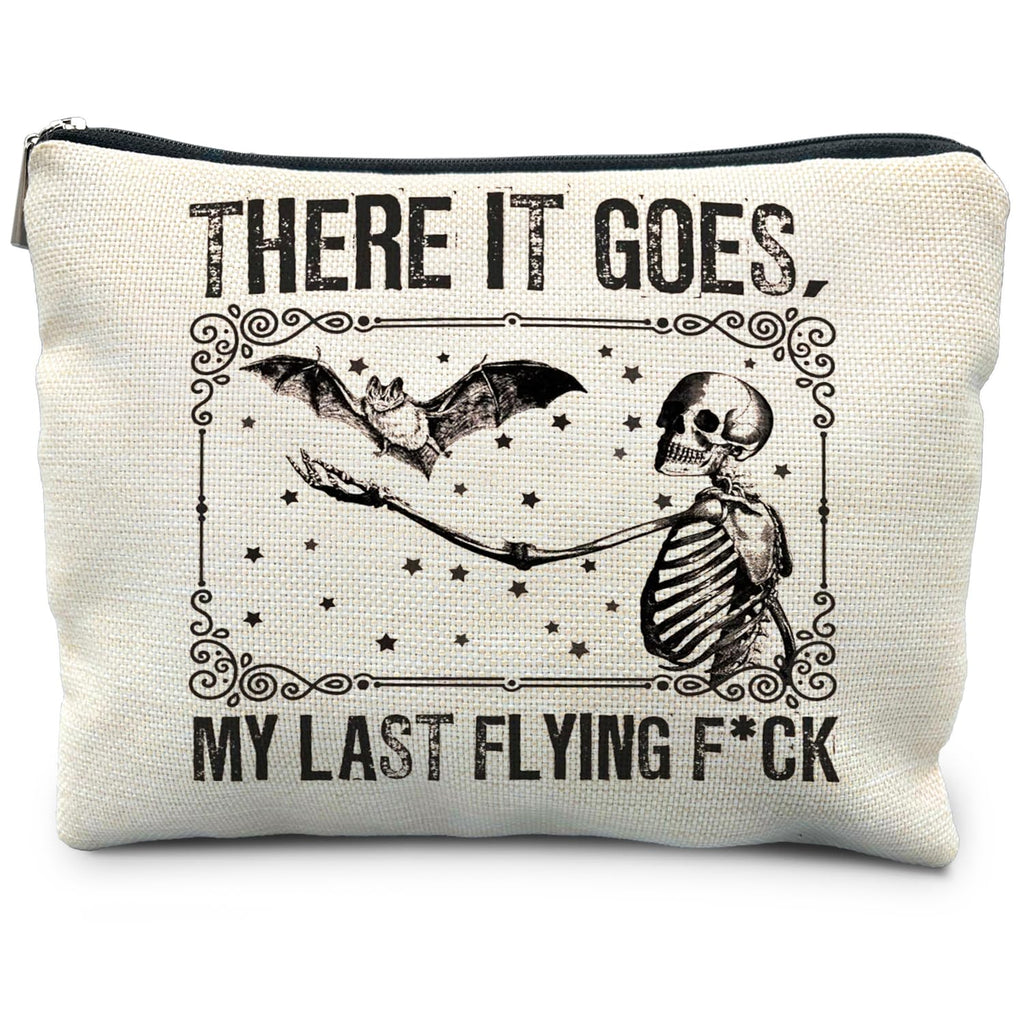 RYYCDOI Halloween Makeup Bag, Goth Skeleton & Bat Design, White, Waterproof Linen Cosmetic Bag for Women