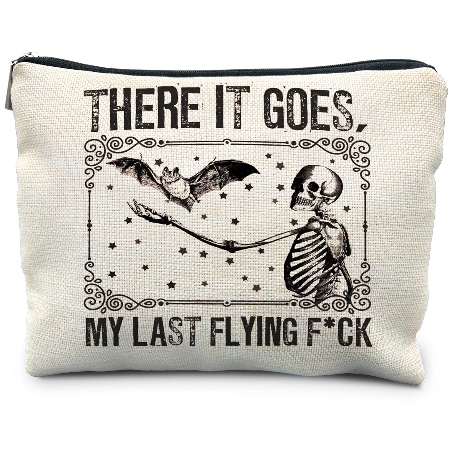 RYYCDOI Halloween Makeup Bag, Goth Skeleton & Bat Design, White, Waterproof Linen Cosmetic Bag for Women