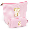 2 PCS Initial Makeup Bags for Women: Cosmetic Bag for Travel Toiletry - Birthday Gifts for 11 12 13 14 15 16 17 18 Years Old Girl Graduation Teacher Gift- Teen Girl Gifts Trendy Stuff - Light Pink K