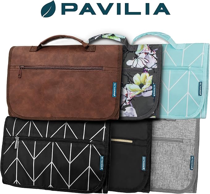 PAVILIA Hanging Toiletry Bag for Women Men, Large Foldable Toiletries Organizer with Hook, Water-Resistant Makeup Cosmetic Rollup Case, Clear Pockets for Bathroom, Gym, Cruise (Brown)