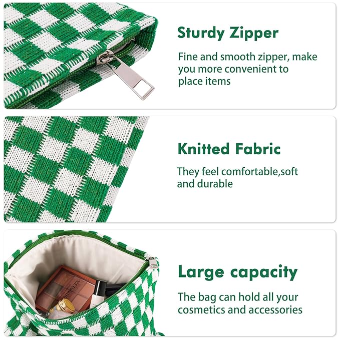 ZLFSRQ 2Pcs Checkered Makeup Bag for Women Large Small Travel Toiletry Bag Organizer Aesthetic Zipper Cosmetic Bags Cute Makeup Pouch for Purse Pencil Case Pencil Pouch Skincare Storage Bags (Green)