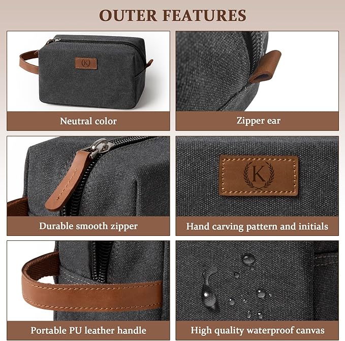 Janhavi Canvas Toiletry Bag for Men Waterproof, Personalized Engraved Initials & Wheat Ear, Toiletry Bag For Shower Caddy, Cruise Ship Essentials, Groomsmen Gifts, Men's Accessories (Dark Grey E)