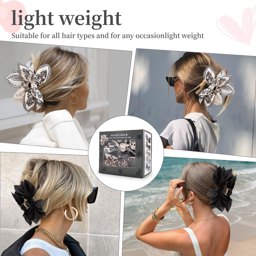 Hadutrek Bow Claw Clips Bow Hair Clips Black White Paisley 2PCS Big Hair Bows for Women Butterfly Styling Large Hair Clips for Thick Hair for Girls Hair Accessories for Teen Gifts for Ladies