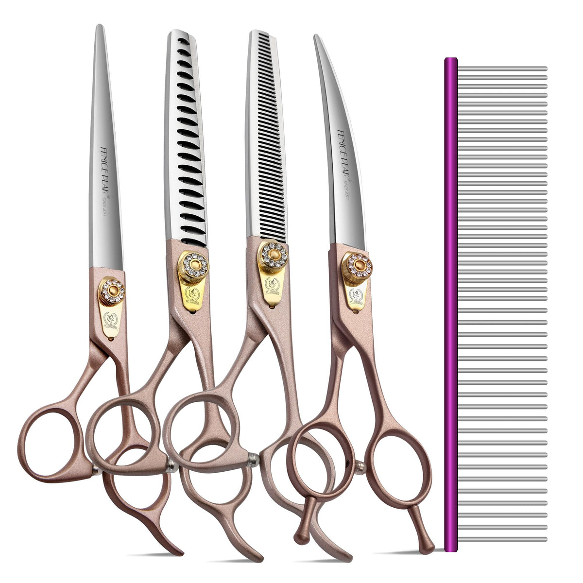 Fenice Peak 7'' Professional Dog Grooming Scissors Set Rose Gold 440C Stainless Steel Straight Thinning Curved Chunker Shears 4pcs Set for Pet Grooming Services Dogs and Cats