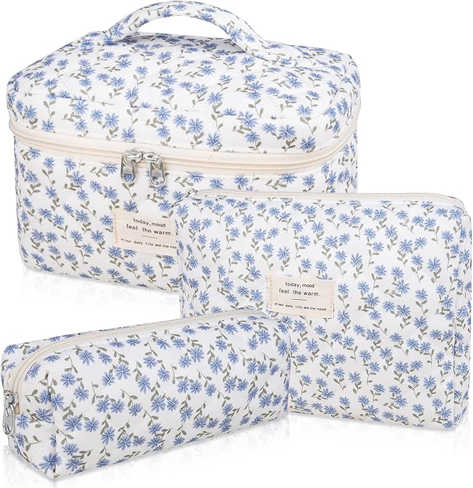 Gosect Makeup Bag Set, Quilted Makeup Bag, Large Floral Cosmetic Bag for Women, Cute Cotton Makeup Bags, Flower Travel Toiletry Organizer Bag (Blue Peacock Flower)
