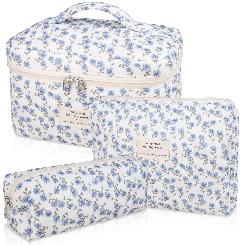 Gosect Makeup Bag Set, Quilted Makeup Bag, Large Floral Cosmetic Bag for Women, Cute Cotton Makeup Bags, Flower Travel Toiletry Organizer Bag (Blue Peacock Flower)