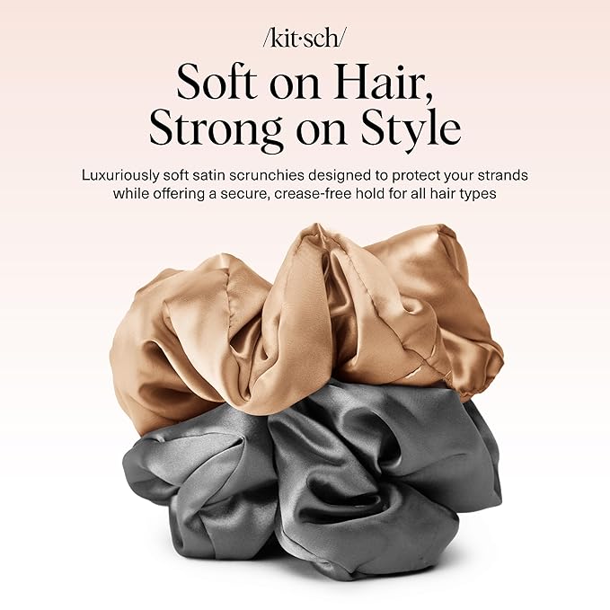 Kitsch Pillow Satin Scrunchies for Women - Charcoal & Gold, 2pcs