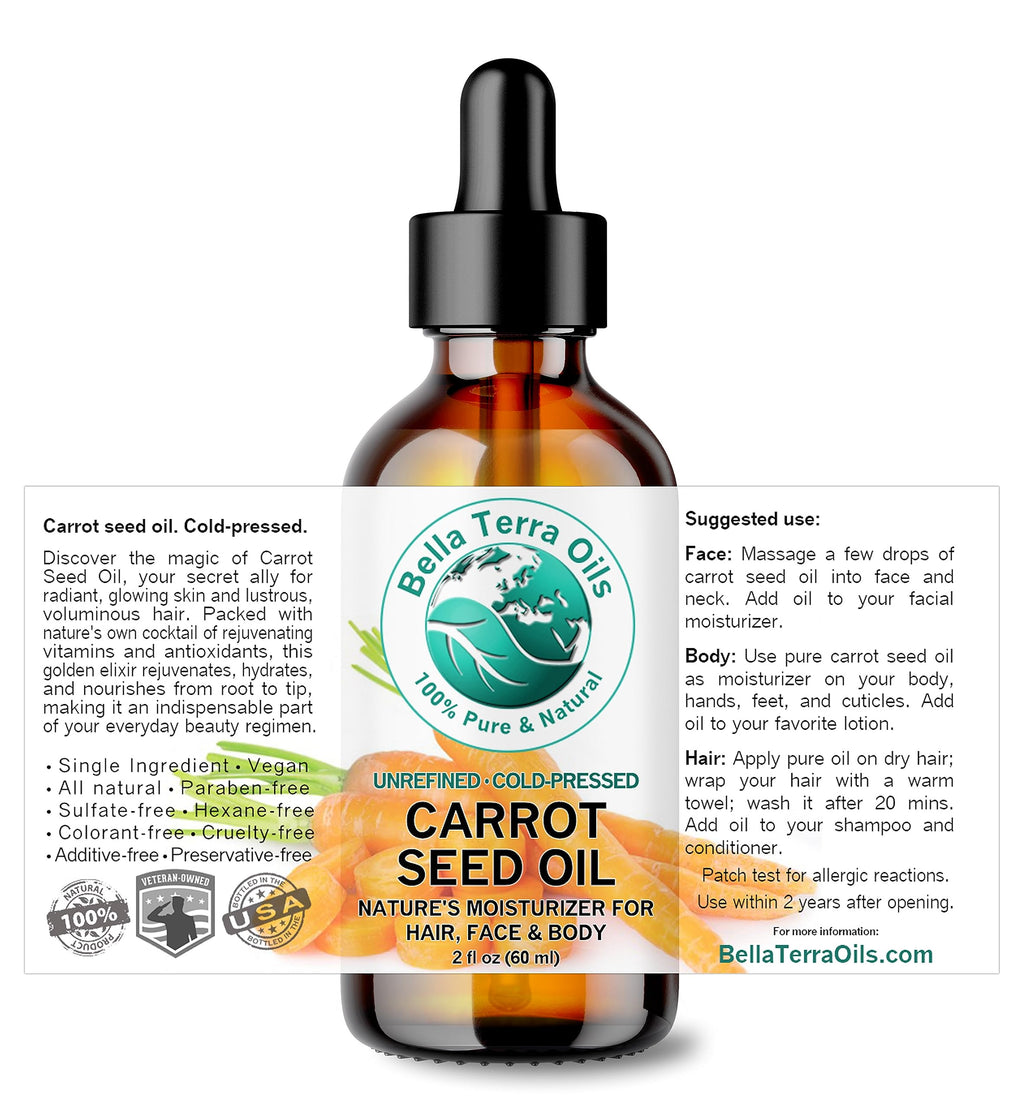 Bella Terra Oils - Organic Carrot Seed Oil 2 oz - Cold-Pressed Elixir, Abundant in Vitamin A & E, Beta-Carotene Richness, Ideal for Nourished Skin Radiance