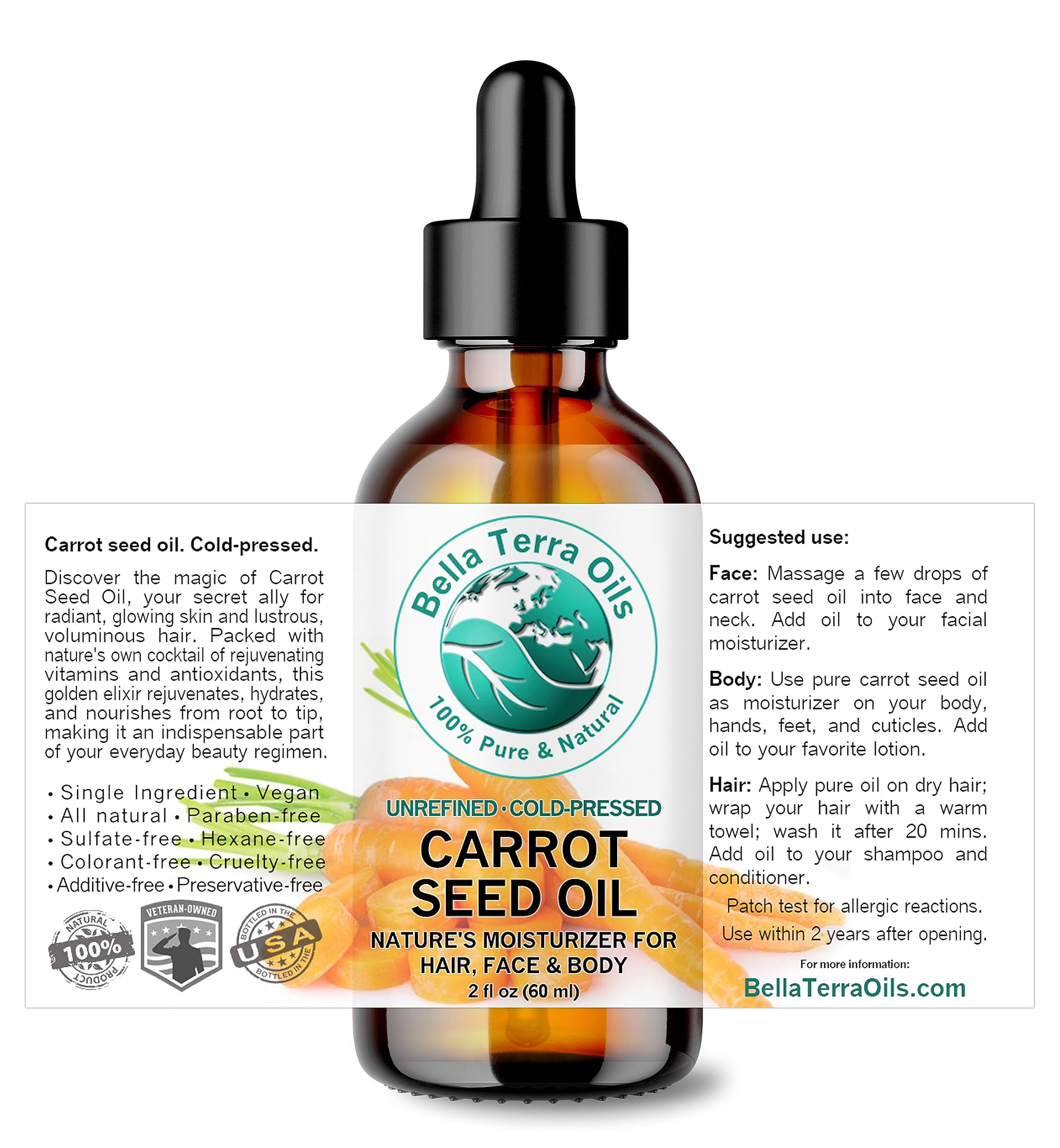 Bella Terra Oils - Organic Carrot Seed Oil 2 oz - Cold-Pressed Elixir, Abundant in Vitamin A & E, Beta-Carotene Richness, Ideal for Nourished Skin Radiance