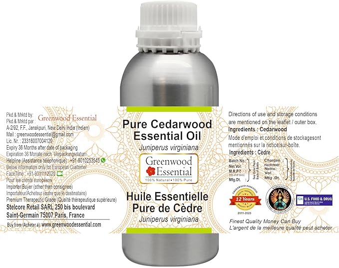 Greenwood Essential Cedarwood Essential Oil (Juniperus Virginiana) Pure | Non-Sticky | Non-Greasy | Lightweight | Men & Women | All Skin Types | Steam Distilled 300ml (10 oz)