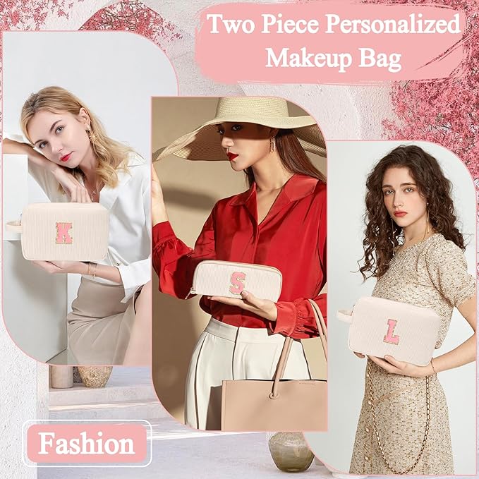 Sernaxi Personalized Initial Makeup Bag Trendy Stuff Corduroy Cosmetic Bag Travel Toiletry Bag, Valentine’s Day Gift Makeup Organizer Case & Makeup Pouch for Women Teen Girls Mom Girlfriend Wife