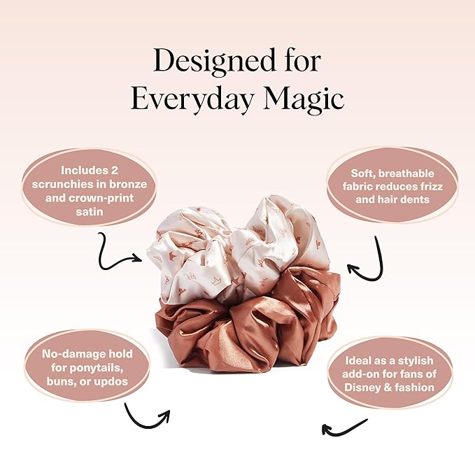 Kitsch & Disney Satin Scrunchies for Women - 2 Pcs, Desert Crown