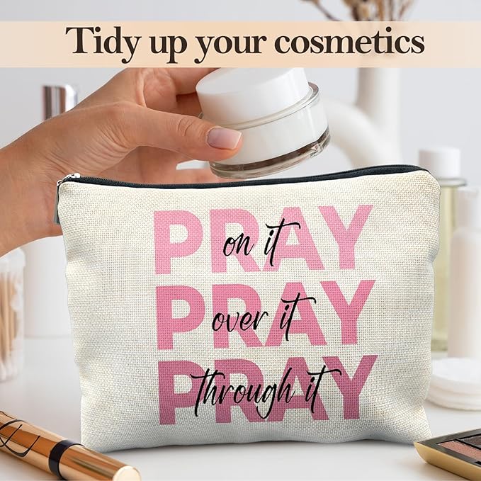 Likjad Pink Christian Makeup Bag, Pray On It Pray Over It Bible Verse Cosmetic Bags for Women, Trendy Girly Christian Makeup Pouch, Religious Gifts Zipper Pouch