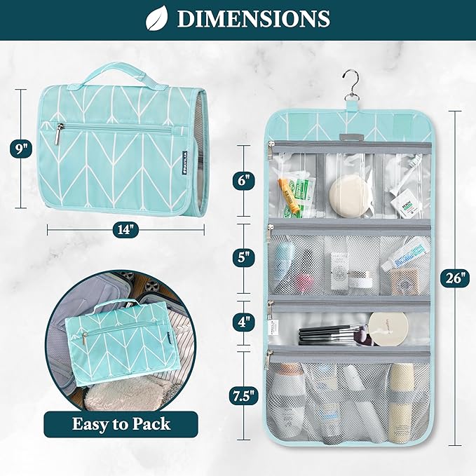 PAVILIA Hanging Toiletry Bag for Women Men, Large Foldable Toiletries Organizer with Hook, Water-Resistant Makeup Cosmetic Rollup Case, Clear Pockets for Bathroom, Gym, Cruise (Teal Chevron)