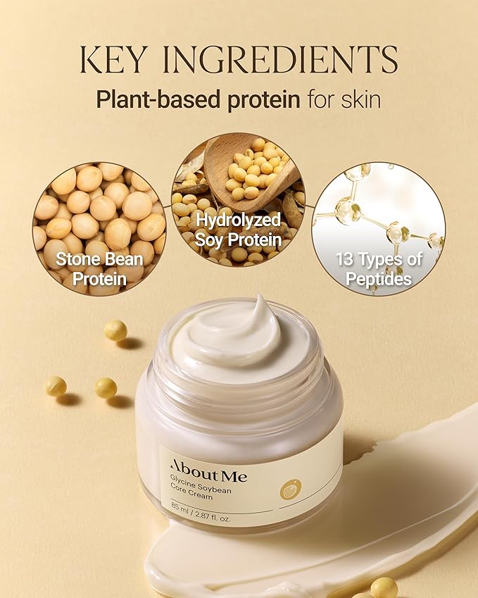 About Me Korean Soy Protein Face Cream - Glycine Soybean Core Moisturizer with 13 Peptides, Hydrolyzed Soy + Niacinamide + Hinoki + Cocoa, Skin Density Firming, Vegan Fragrance-Free, 2.87 fl oz