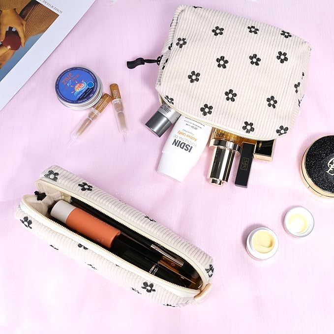 ZOEMTIU Small Cosmetic Bag set for Women Corduroy Makeup Bag with Interior Pocketes Cute Corduroy Makeup Pouches Women Small Toiletry Bag