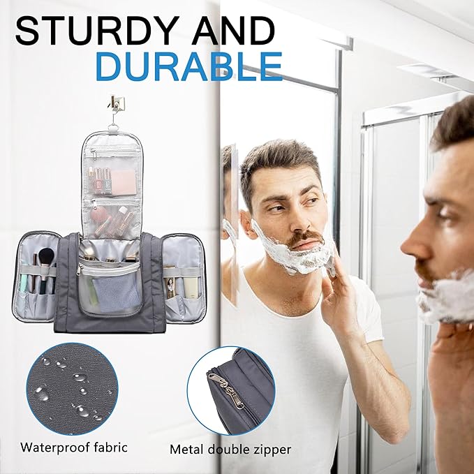 Hanging Travel Toiletry Bag for Men and Women with Metal Swivel Hook, Large Travel Makeup Organizer for Full Sized Cosmetics and Toiletries, Water-Resistant Bathroom Toiletry Bags, Grey