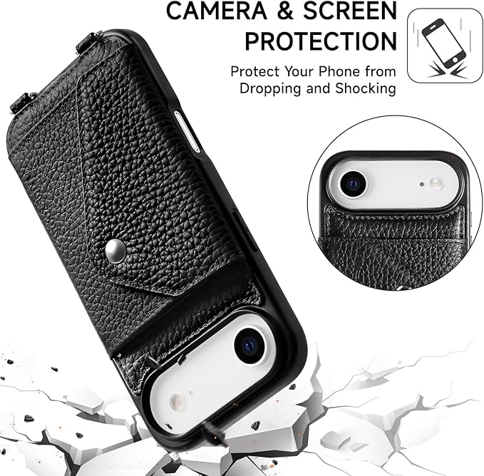 LUCKYCOIN Crossbody Phone Case for iPhone Air,100% Genuine Leather Phone Wallet Case for Women,Fashion Premium Hands-Free Phone Purse with Expandable Flip Card Holder & Adjustable Strap - Pebble Black