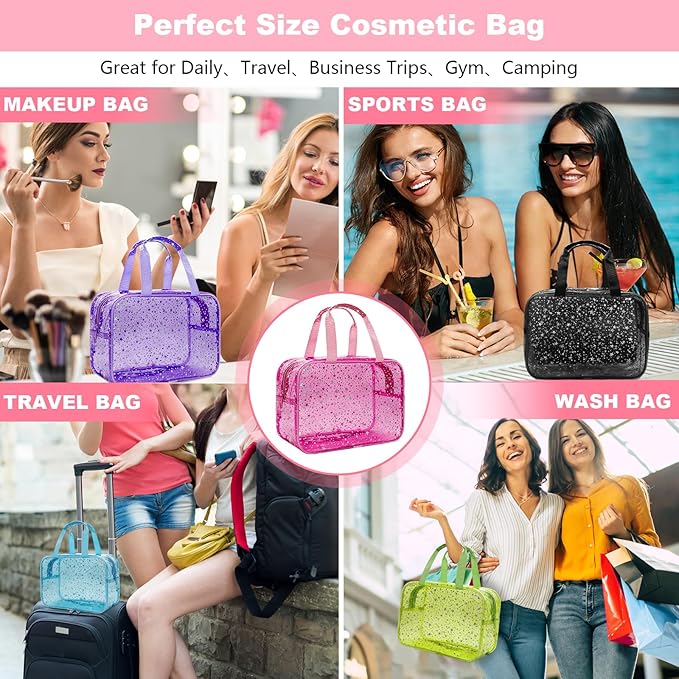 Junesters Large Clear Makeup Bag 12x5x8 Green Star Pattern - Waterproof PVC Travel Cosmetic Organizer with Handle, Durable Transparent Toiletry Case for Women Girls Travel Gym Beach Storage