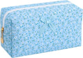OIMEI Floral Quilted Pouch Cotton Makeup Bag for Women, Large Capacity Travel Cosmetic Pouch with Zipper, Cute Toiletry & Brush Organizer, Kawaii Makeup Storage Case – Blue Floral