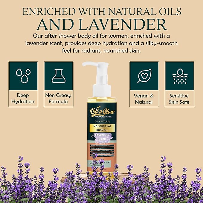 OilnGlow 100% Natural Hydrating Body Oil After Shower, Non-Greasy Moisturizing Body Oils For Women, & Men Dry Skin 5.07 fl oz/150ml- Lavender Scent