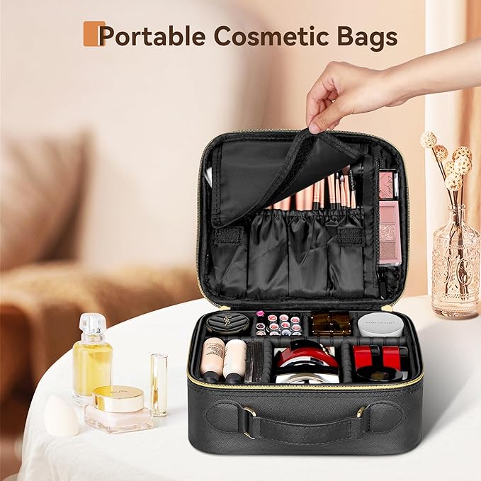 JUSRON Travel Makeup Bag Portable Storage Bag with Adjustable Dividers for Cosmetics Makeup Brushes for Women Beauty Tools Accessories Case (Black), MR0041